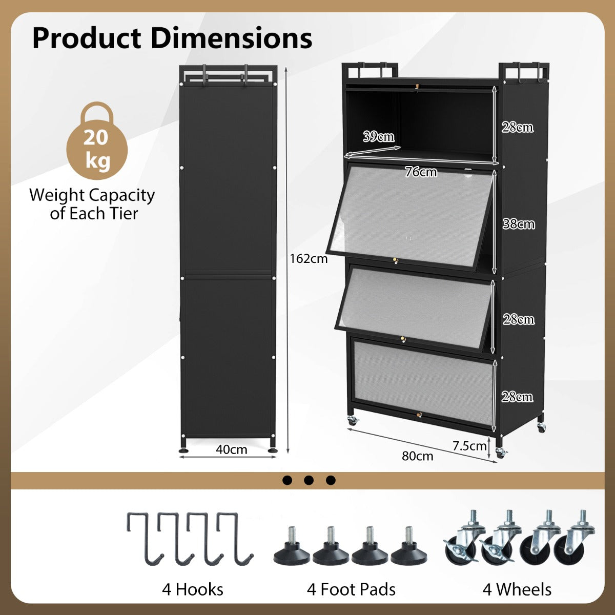 5-Tier Kitchen Storage Cabinet with Wheels and Flip-Up Doors-Black