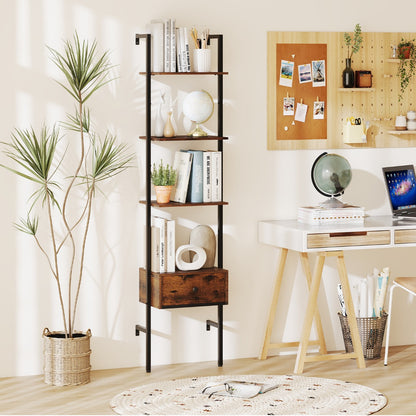 5-Tier Ladder Bookcase with Drawer and Metal Frame-Rustic Brown