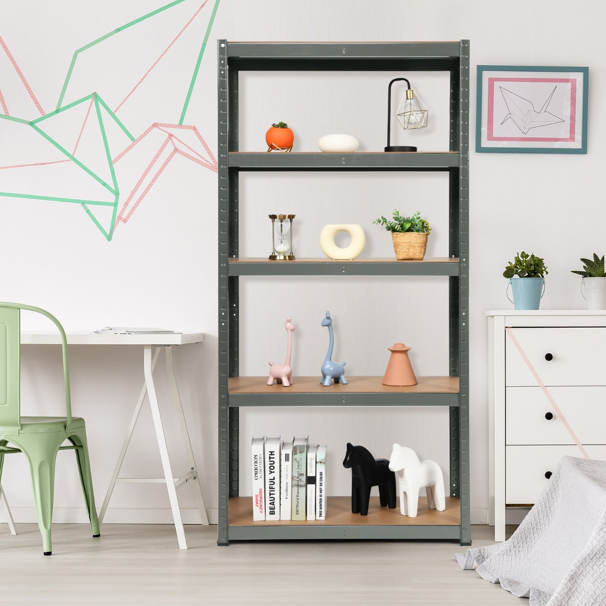 5-Tier Storage Rack with Boltless Shelving and Adjustable Shelves-Grey