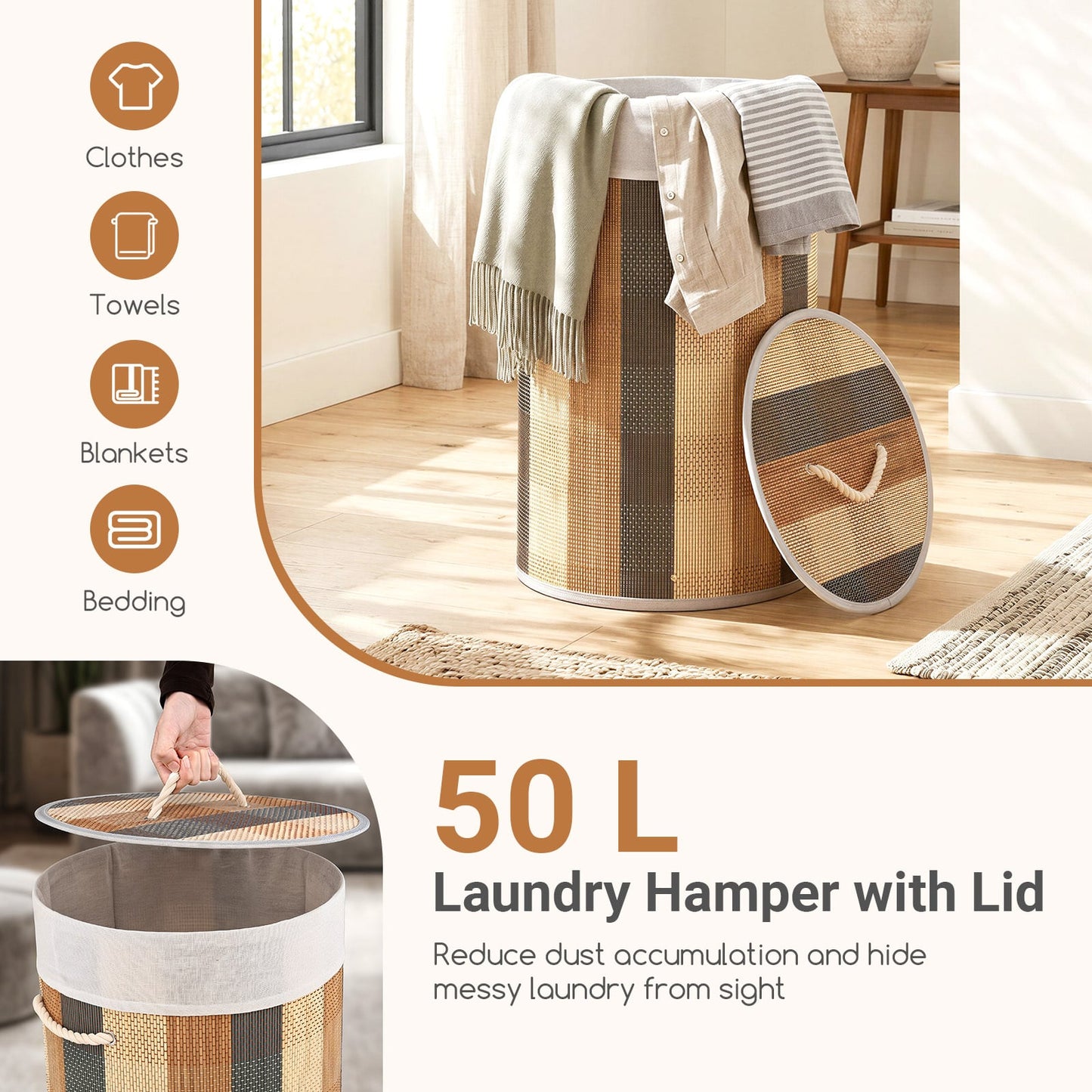 50 L 3-handle Laundry Hamper with Removable and Machine-Washable Liner for Blankets-Multicolor