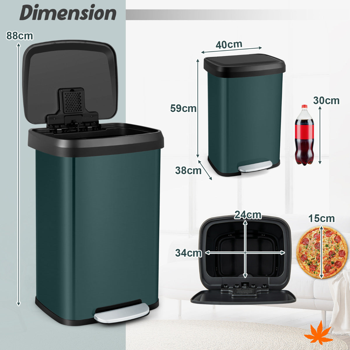 50 L Stainless Steel Step Trash Can with Deodorizer Compartment-Dark Green