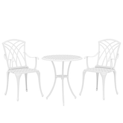 Outsunny 3 Pieces Garden Bistro Set, Cast Aluminium Outdoor Dining Set with 2 Chairs and Round Table with Parasol Hole, White