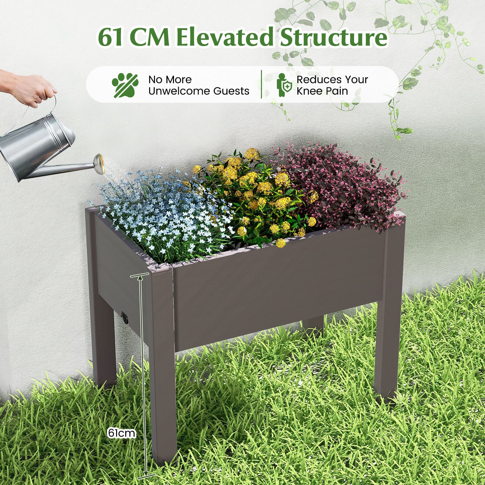 53L Raised Bed Grow Box with Water Level Monitor and Drainage Hole-Coffee