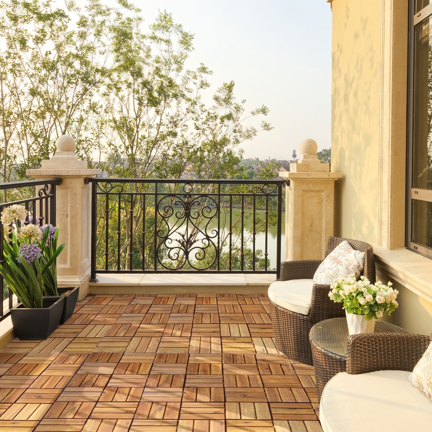 54 Pieces Acacia Wood Interlocking Patio Deck Tile with No-Tool Install