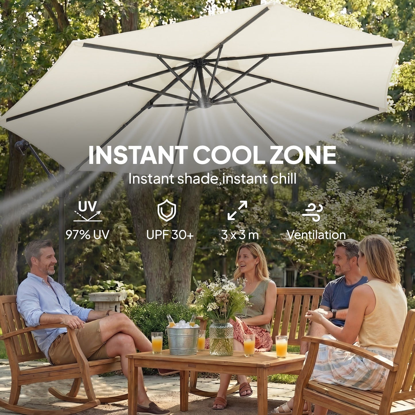 Outsunny 3 m Garden Cantilever Parasol with Cross Base, Sandbag, 360Â° Rotating Overhanging Banana Umbrella, Cream White