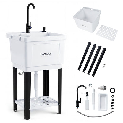 55L Utility Sink Laundry Tub with Rotating Faucet Storage Shelf Drip Tray Adjustable Legs-S