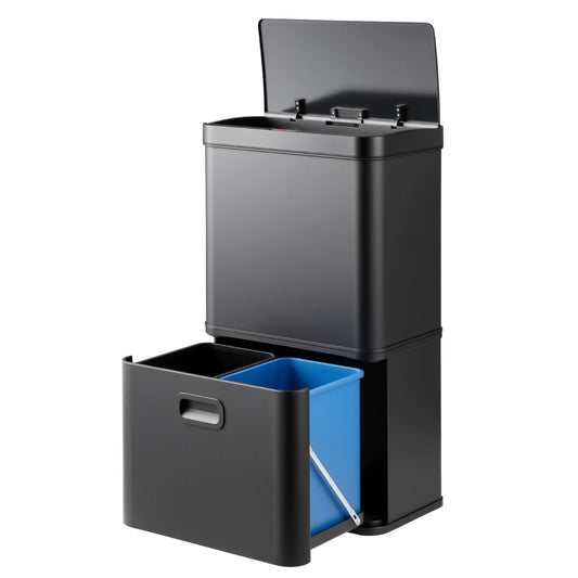 56L Stainless Steel Trash Can Touchless Recycling Garbage Bin-Black