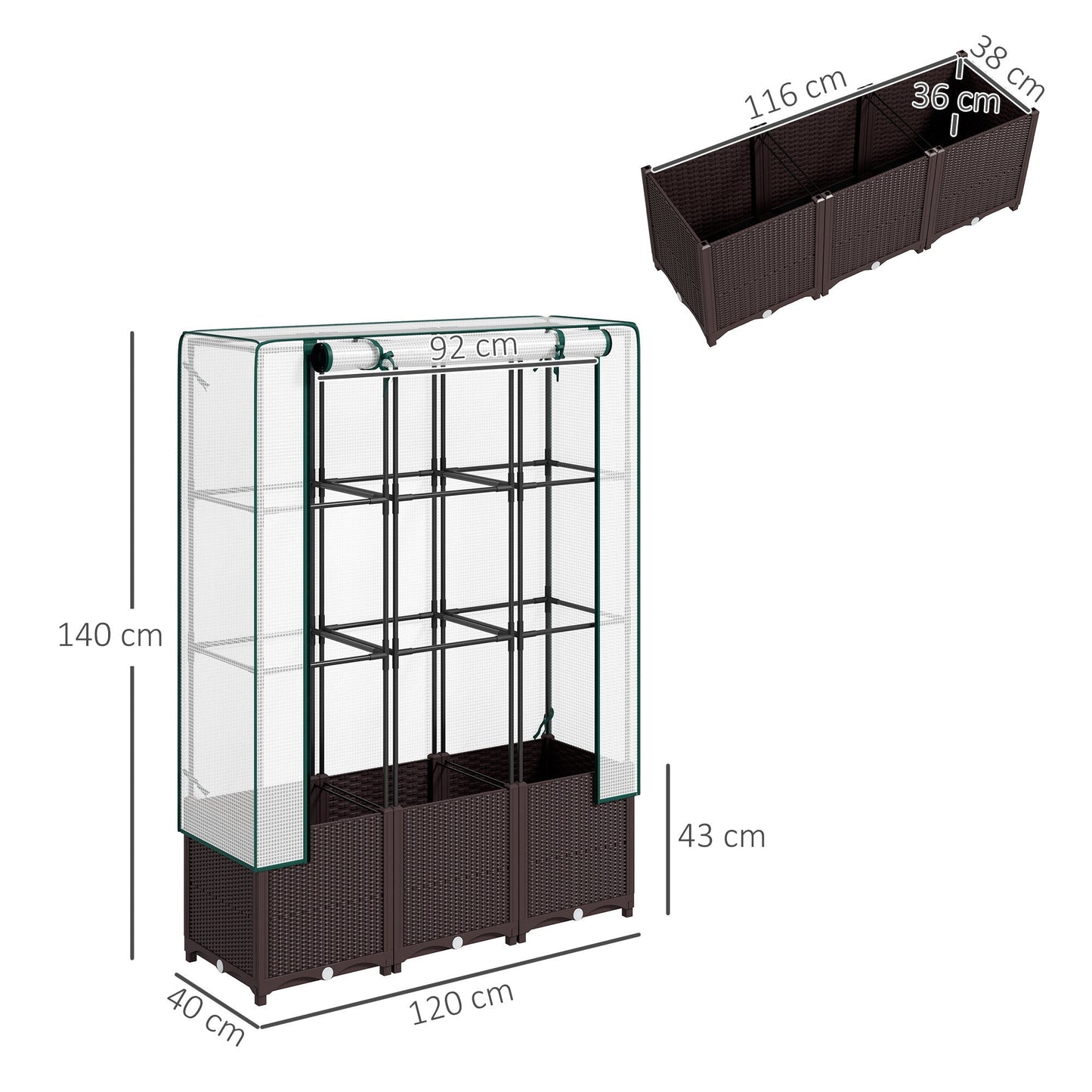 Outsunny Raised Garden Bed with Trellis, Plastic Planter Box with PE Cover, Drainage Holes, Drain Plugs and Water Reservoirs for Climbing Plants, Vegetables, Flowers, 120 x 40 x 140 cm
