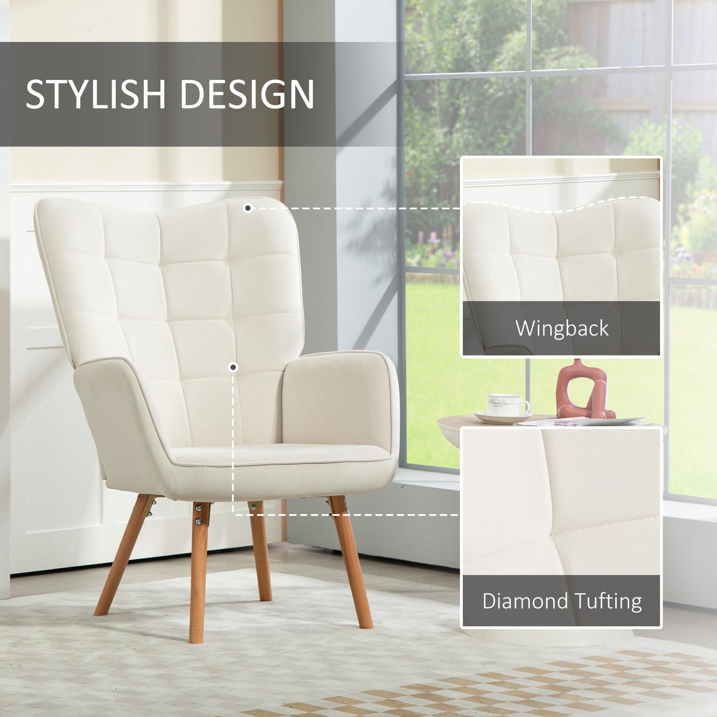 HOMCOM Modern Accent Chair Set of 2 Velvet-Touch Tufted Wingback Armchair Upholstered Leisure Lounge Sofa Club Chair with Wood Legs, Cream White
