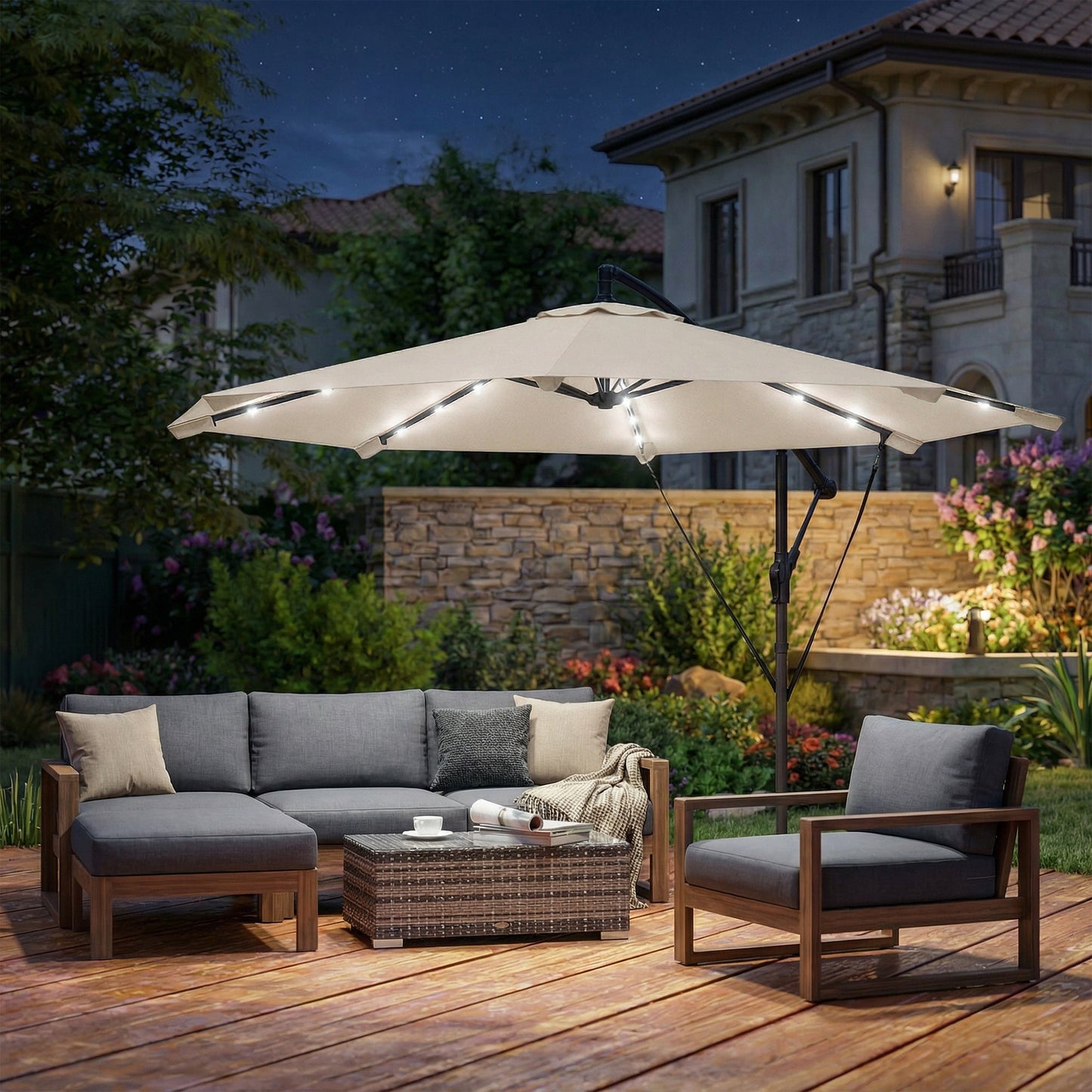 Outsunny 3 m Cantilever Parasol with Solar LED Lights Garden Umbrella with Cross Base, Cream White