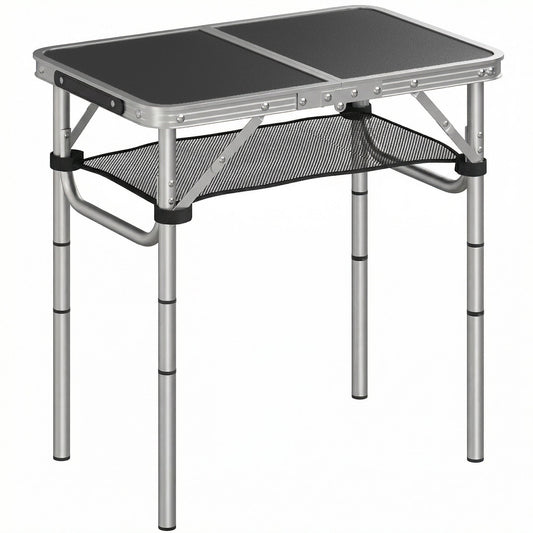 Outsunny 2ft Folding Camping Table, Picnic Table with Mesh Storage Layer, 4 Adjustable Heights and Carrying Handle, Black