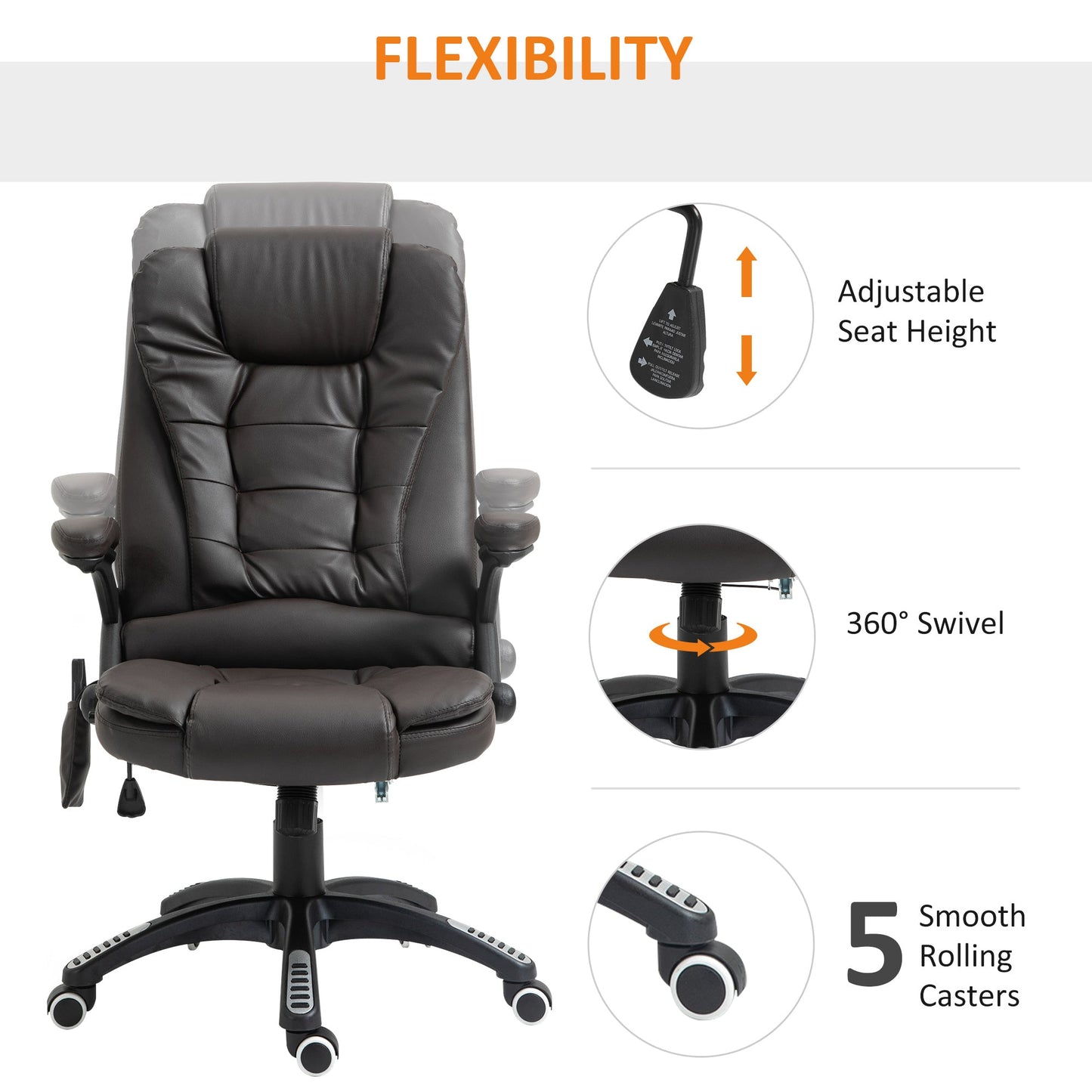 HOMCOM 6-Point Massage Office Chair with Seat Heated for Home Office, PU Leather High Back Executive Desk Chair with Adjustable Height and 360 Swivel for Work Study, Brown