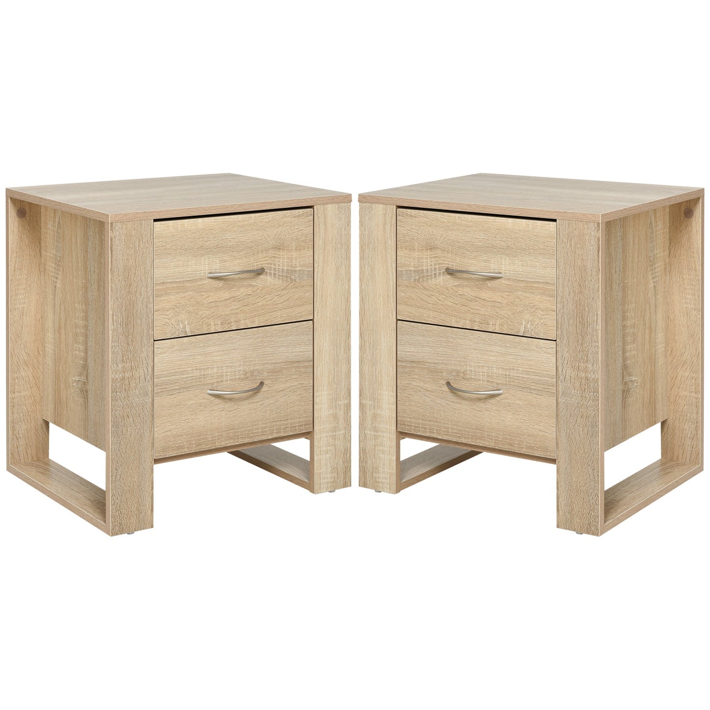HOMCOM Bedside Table with 2 Drawers, Nightstand with Handles and Elevated Base, Side Table for Bedroom, Living Room, Set of 2, Brown