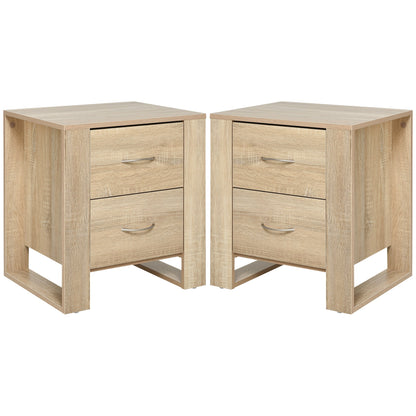 HOMCOM Bedside Table with 2 Drawers, Nightstand with Handles and Elevated Base, Side Table for Bedroom, Living Room, Set of 2, Brown