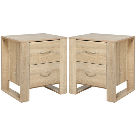 HOMCOM Bedside Table with 2 Drawers, Nightstand with Handles and Elevated Base, Side Table for Bedroom, Living Room, Set of 2, Brown