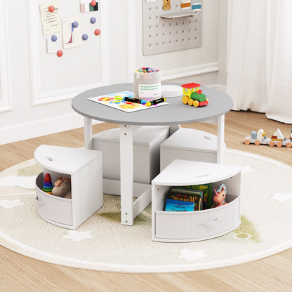 5 Piece Kids Table and Chair Set Round for 4 with 4 Fabric Drawers-Grey