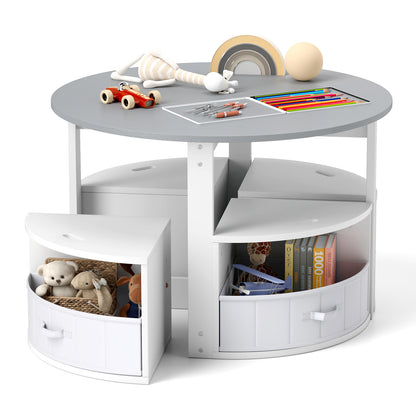 5 Piece Kids Table and Chair Set Round for 4 with 4 Fabric Drawers-Grey
