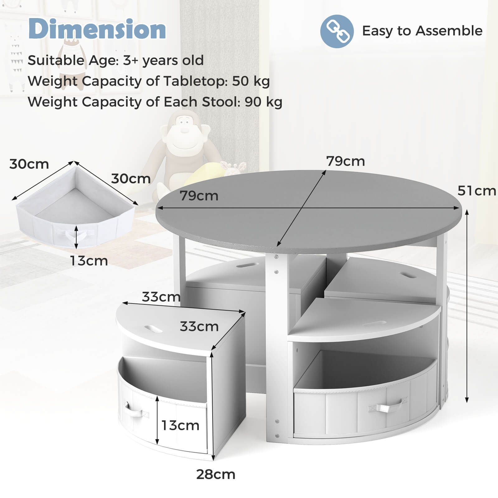 5 Piece Kids Table and Chair Set Round for 4 with 4 Fabric Drawers-Grey