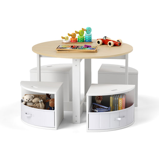 5 Piece Kids Table and Chair Set Round for 4 with 4 Fabric Drawers-Natural