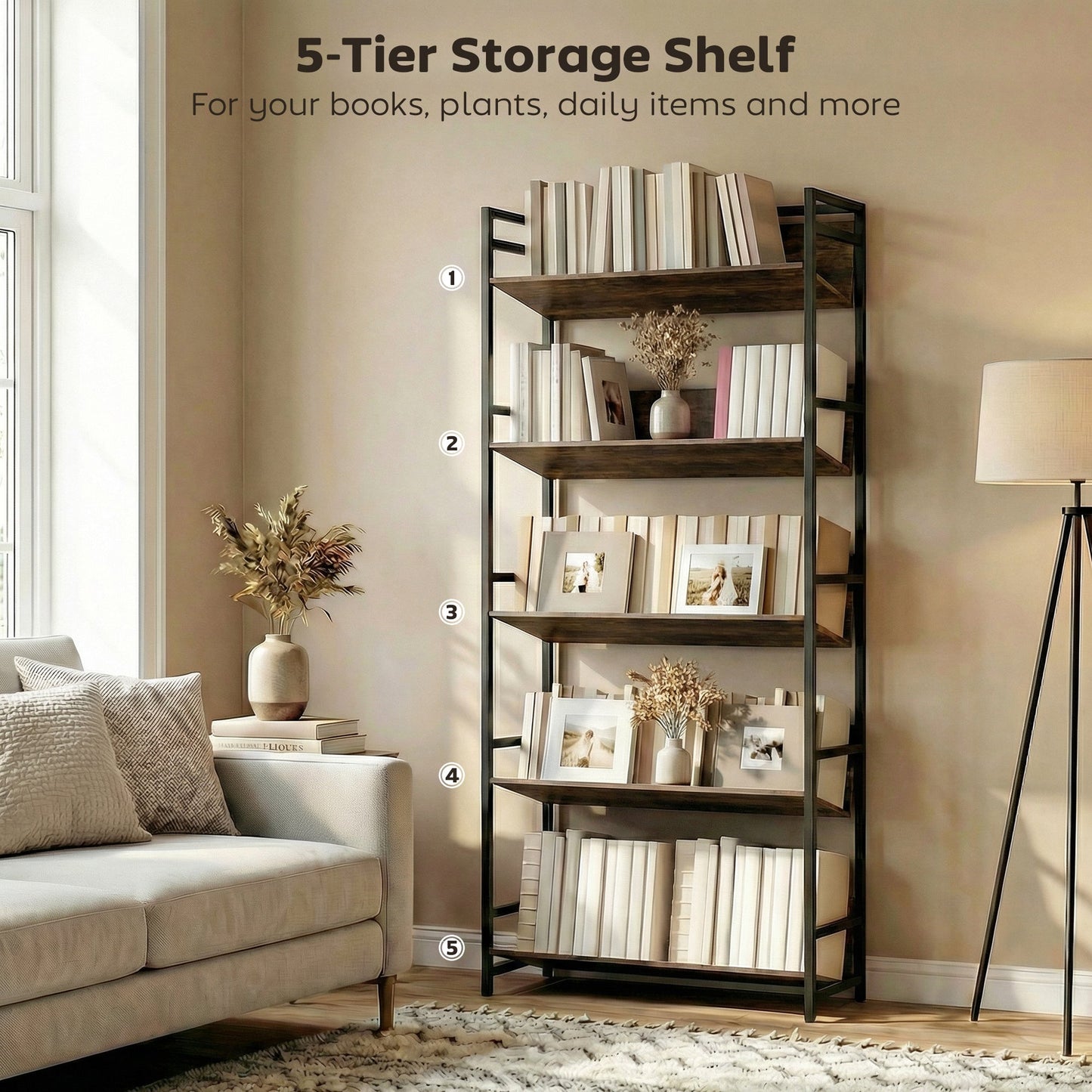 HOMCOM Bookshelf 5-Tier Metal Frame Room Divider Bookcase Storage Shelves for Living Room Rustic Brown