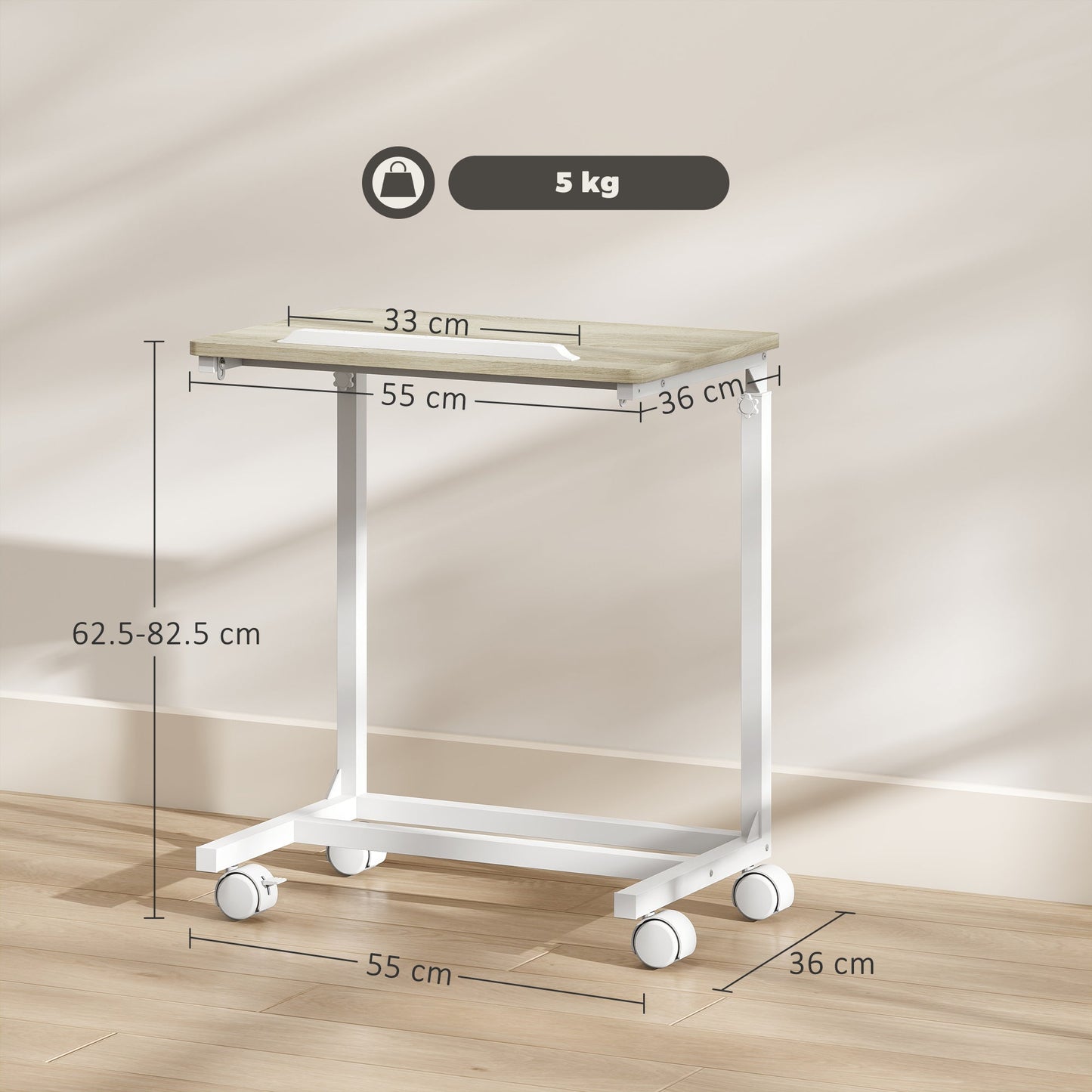 HOMCOM C-Shaped Sofa Side Table, Height Adjustable Overbed Table with Tilting Desktop, Mobile Laptop Desk for Living Room Bedroom, Oak and White
