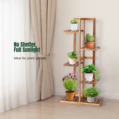 5-Tier Wood 6 Pots Plant Stand Free-standing Display Shelf