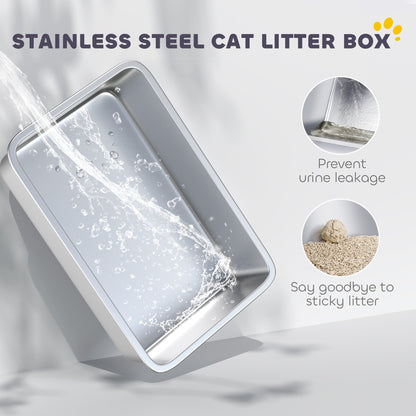 PawHut Stainless Steel Cat Litter Box with Removable Lid, Scoop, Filter Bags, for Larger Cats, Grey