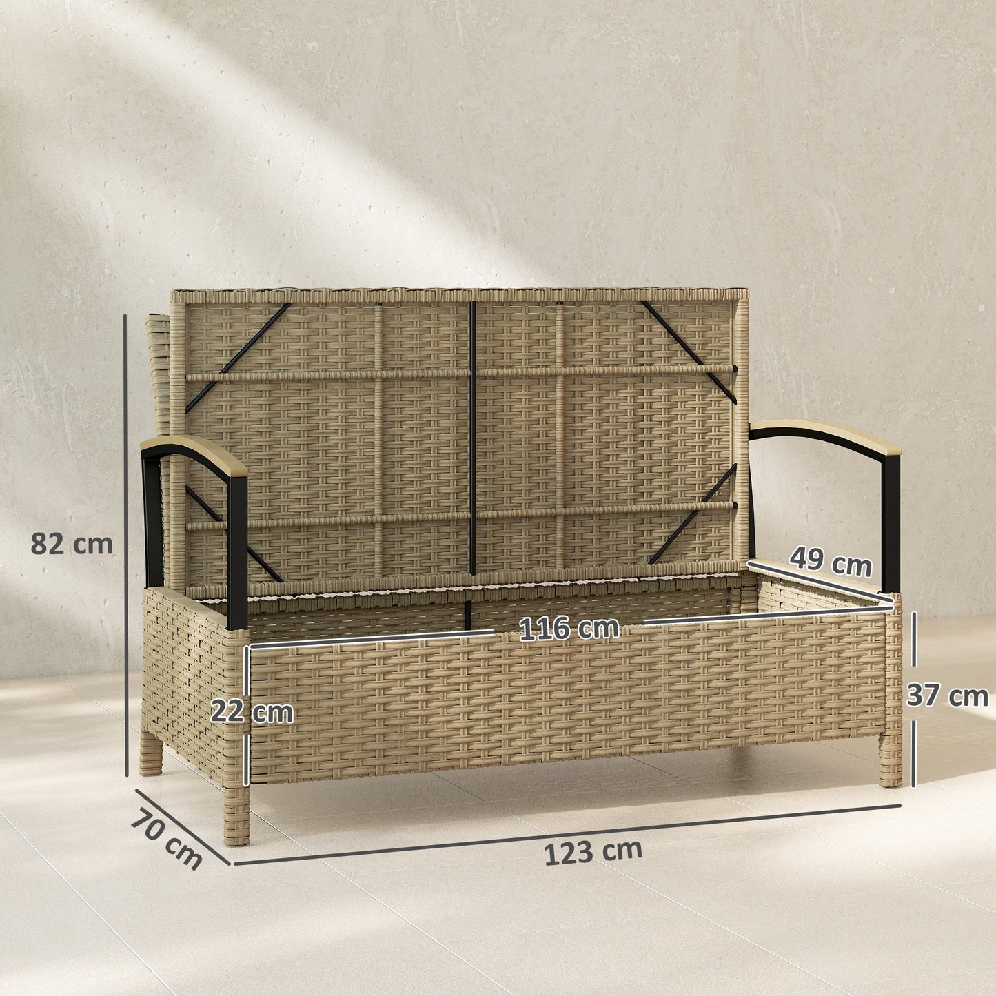 Outsunny 125L Garden Storage Bench, 2 Seater PE Rattan Outdoor Bench Storage Box with Padded Cushion, Khaki