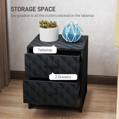 HOMCOM Bedside Tables Set of 2, Modern Bedside Table Nightstand with 2 Drawers, Bedside Cabinet Sofa Side Table with Storage, Steel Legs for Bedroom, Living Room, Black