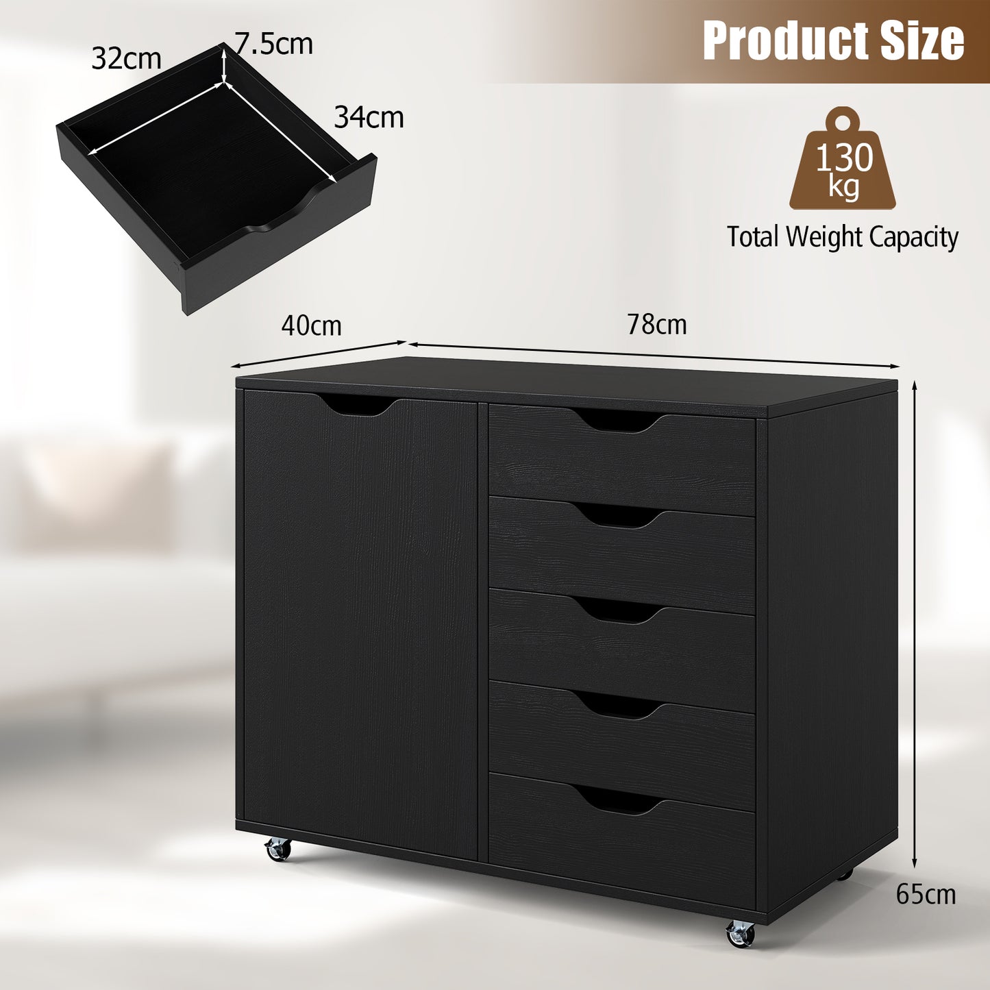 5-Drawer Chest with Door and Adjustable Shelf-Black