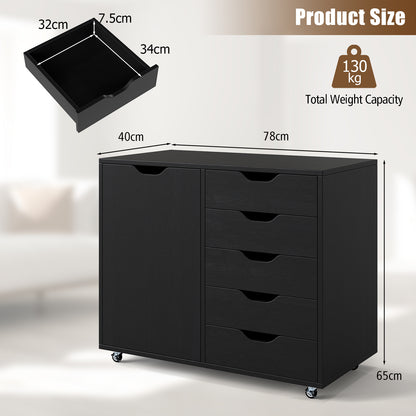 5-Drawer Chest with Door and Adjustable Shelf-Black