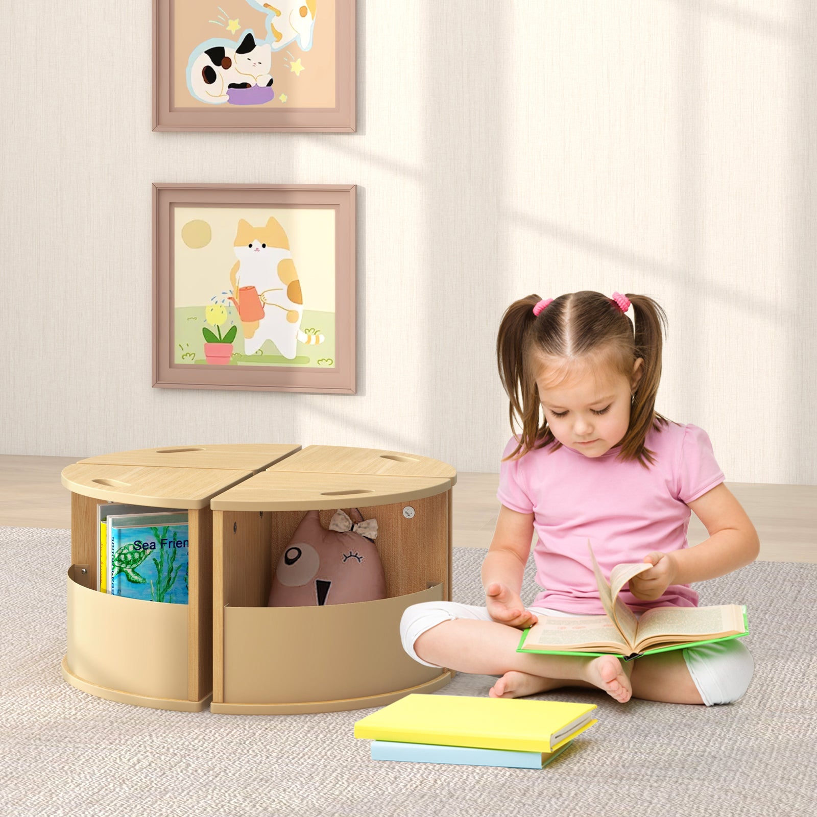 5 PCS Kids Table and Chair Set with Writable Blackboard Desktop-Natural