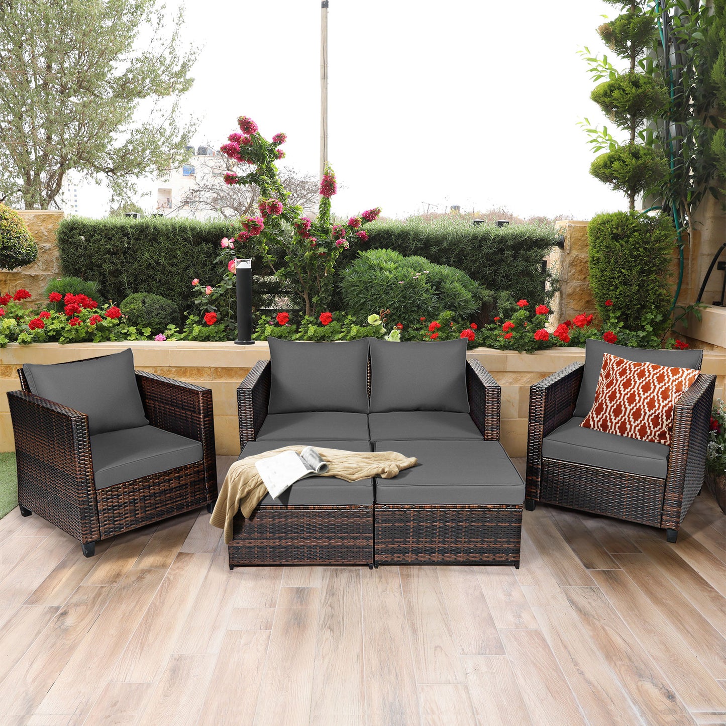 5 Pieces Outdoor Rattan Patio Furniture Set with Removable Cushions-Grey