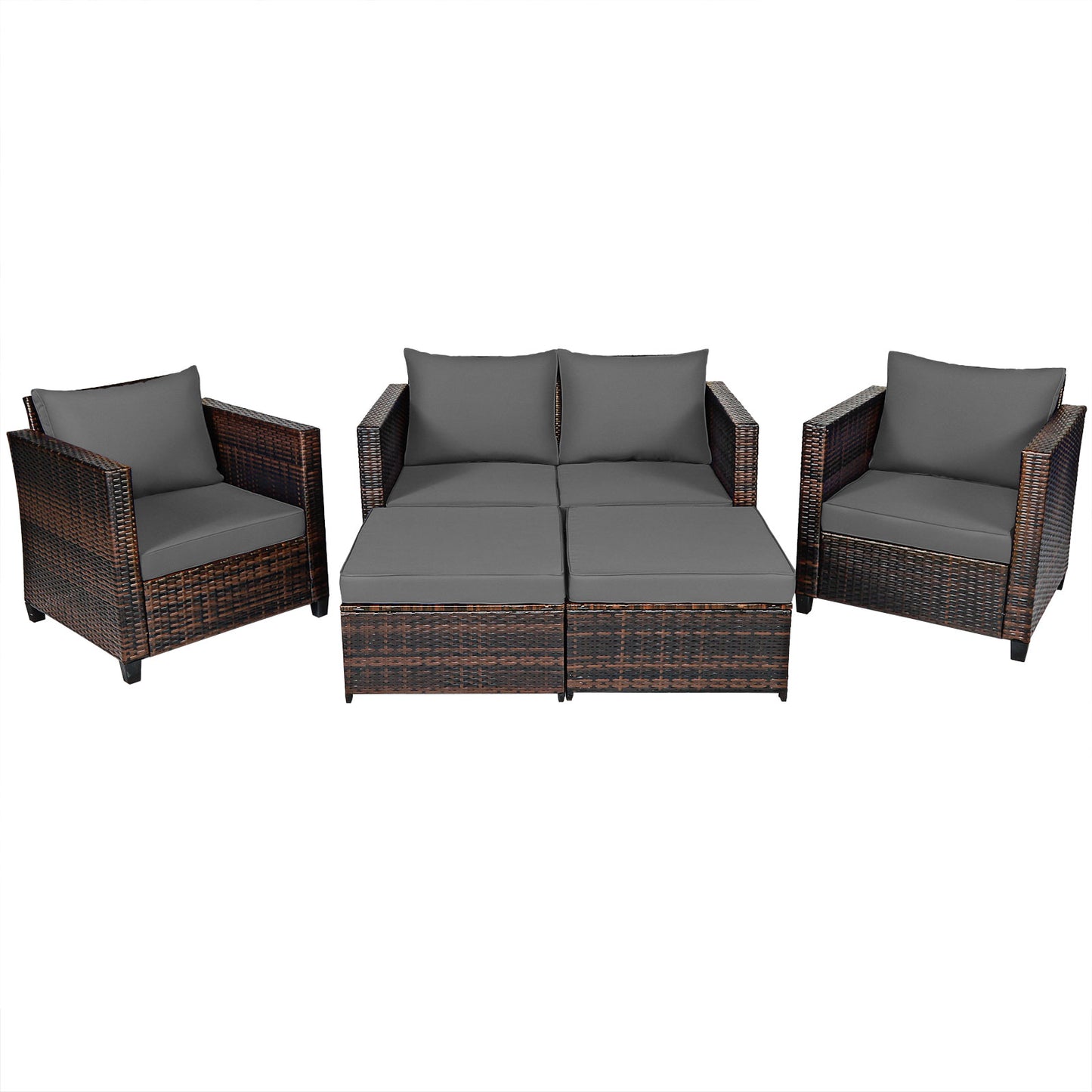 5 Pieces Outdoor Rattan Patio Furniture Set with Removable Cushions-Grey