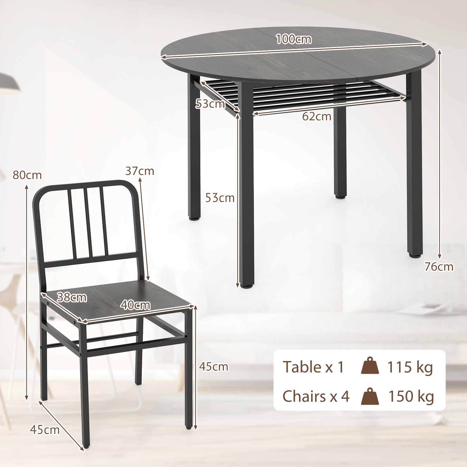 5 Piece Dining Table Set with Storage Rack for Dining Room