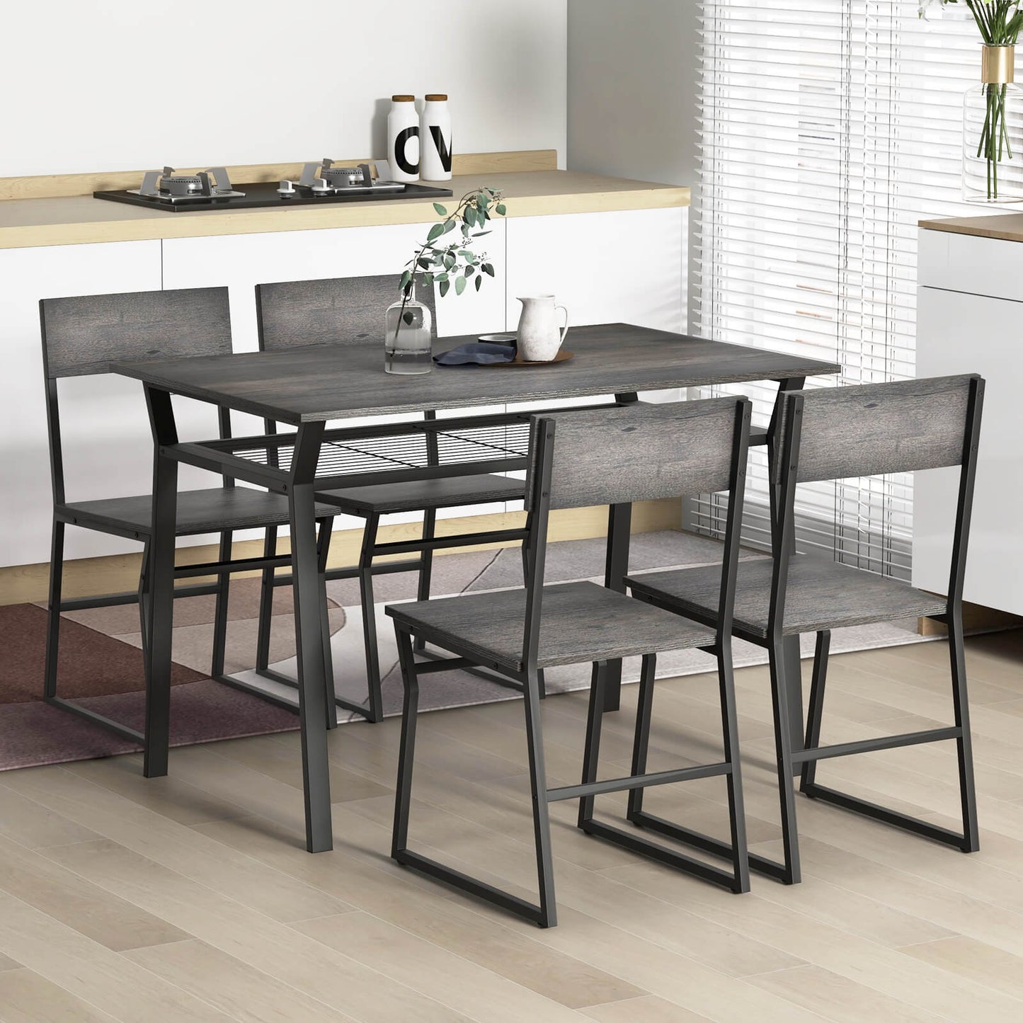 5 Piece Dining Table Set with Storage Rack and Metal Frame-Grey
