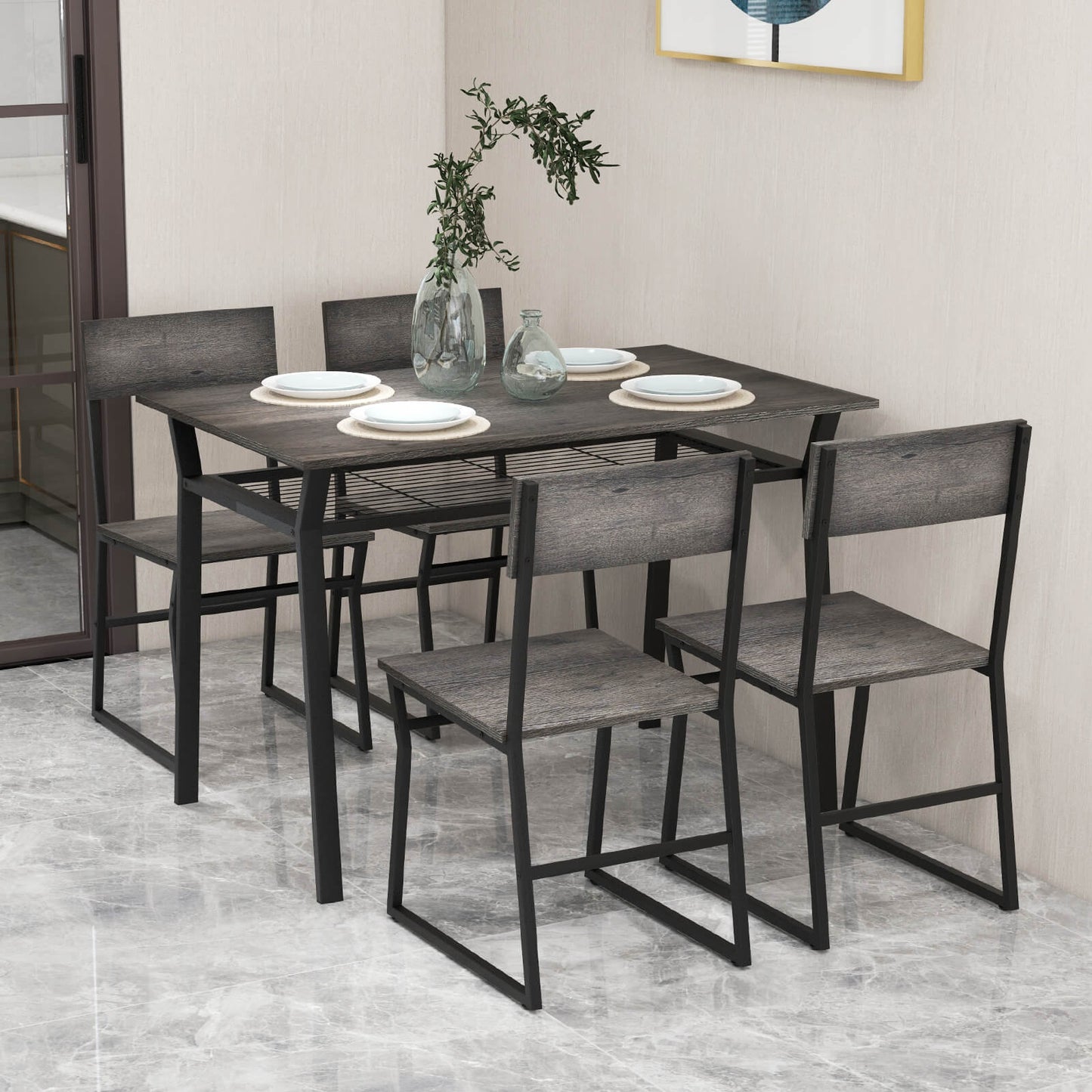 5 Piece Dining Table Set with Storage Rack and Metal Frame-Grey