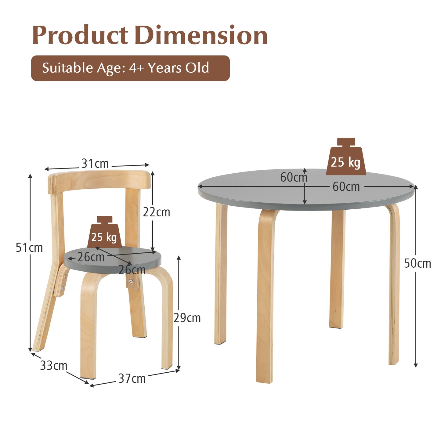 5 Pieces Kids Bentwood Curved Back Table and Chair Set-Grey