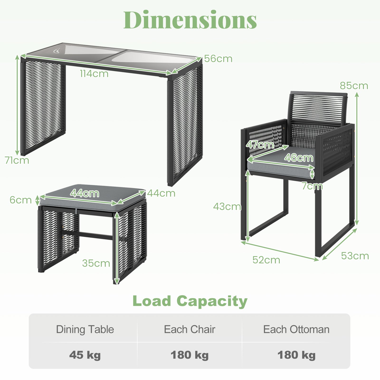 5 Pieces Patio Dining Set with Removable Cushions and Rattan Ottomans-Grey