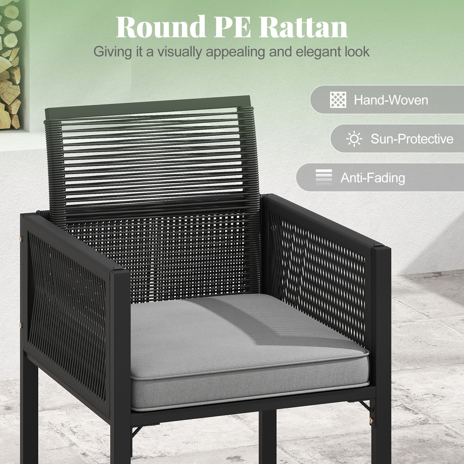 5 Pieces Patio Dining Set with Removable Cushions and Rattan Ottomans-Grey