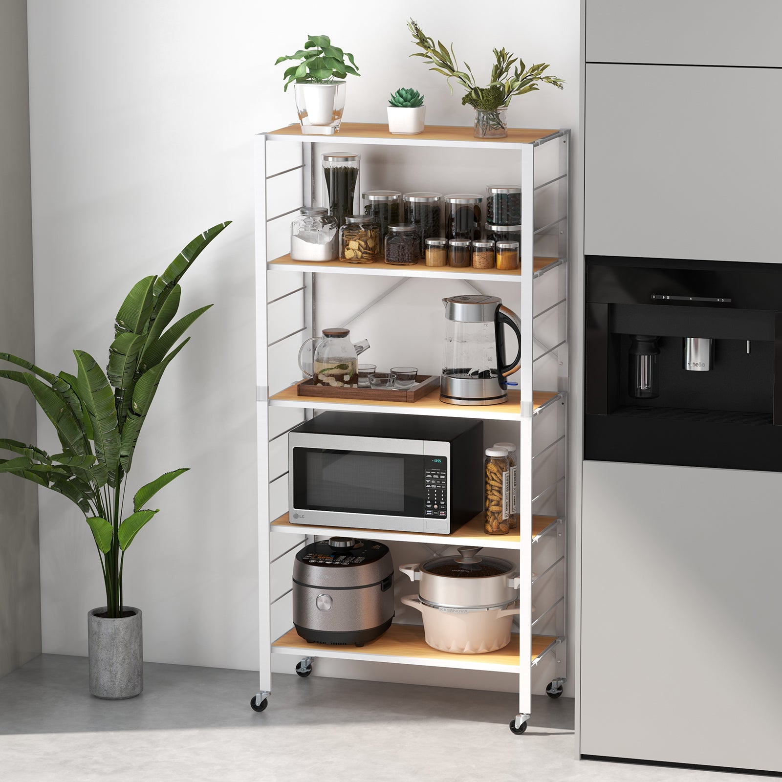 5-Tier Foldable Shelving Unit Metal Shelves with Detachable Wheels-Natural