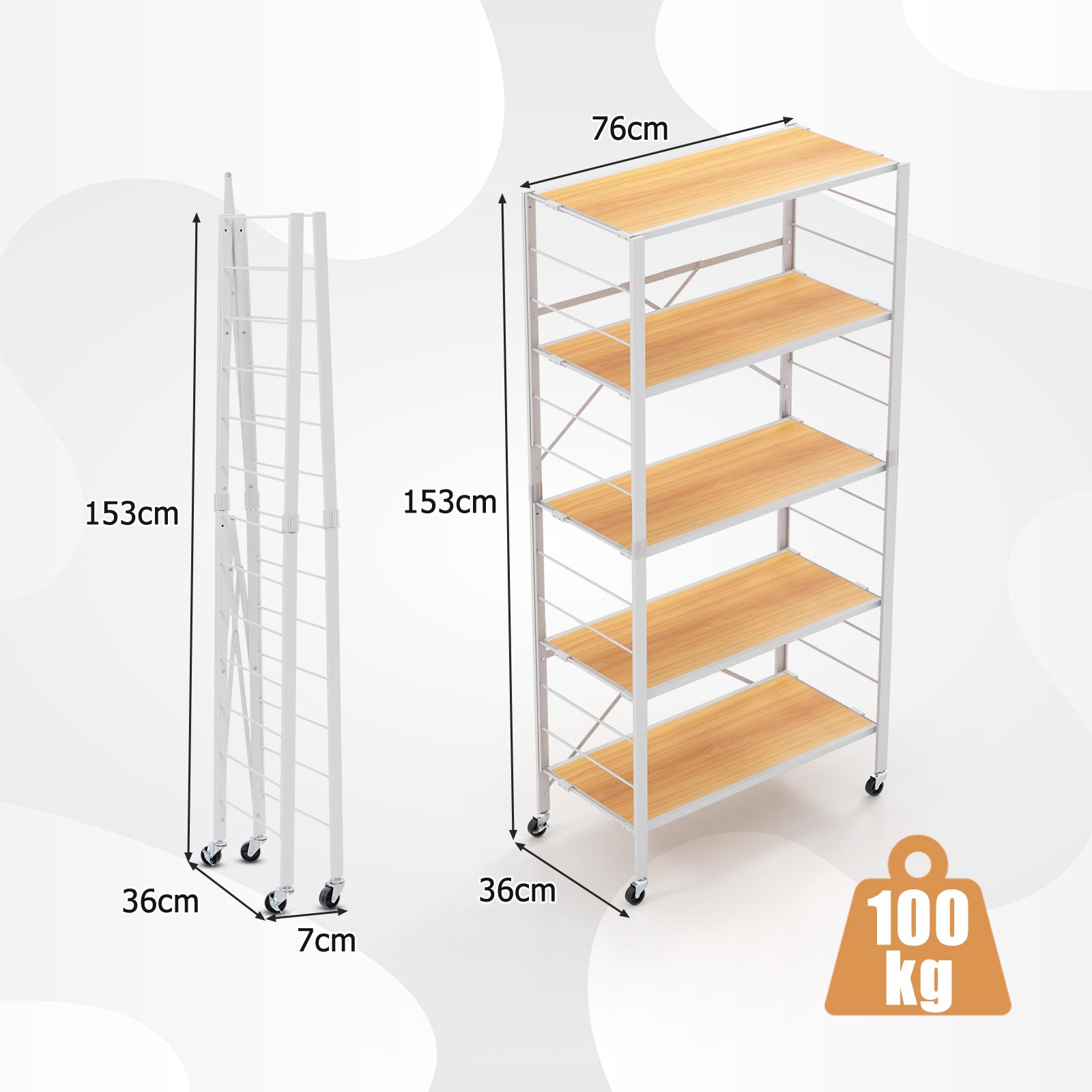 5-Tier Foldable Shelving Unit Metal Shelves with Detachable Wheels-Natural