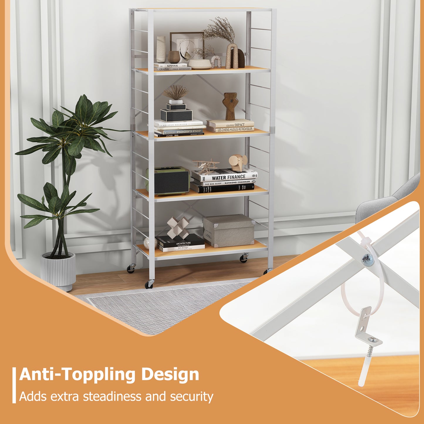 5-Tier Foldable Shelving Unit Metal Shelves with Detachable Wheels-Natural