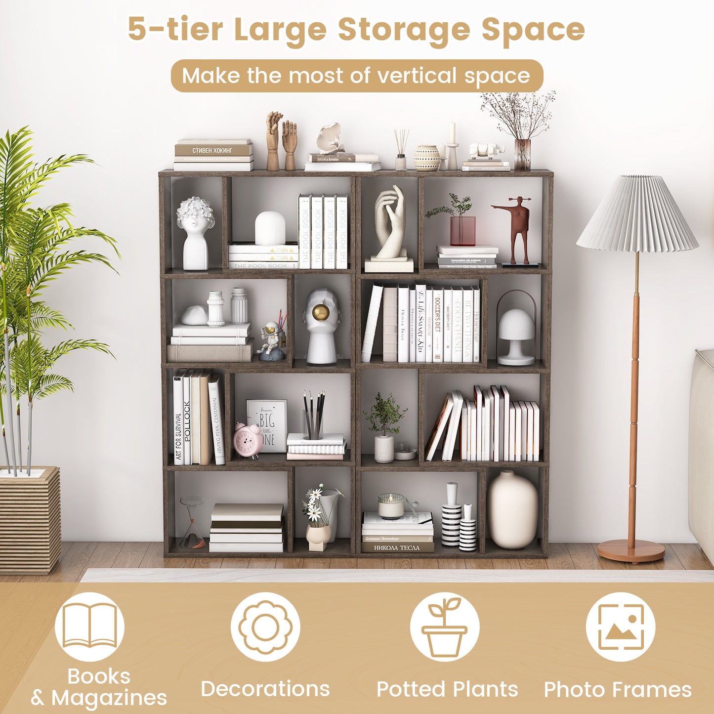 5-Tier Geometric Bookshelf with 8 Cubes Floor Standing Open Display-Grey