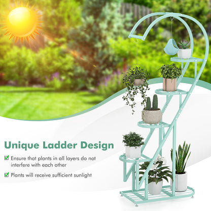 5-Tier Metal Heart-shaped Plant Stand with Hanging Hooks-Pink &amp; Blue
