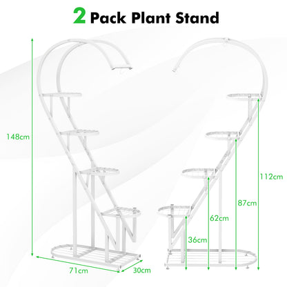 5-Tier Metal Heart-shaped Plant Stand with Hanging Hooks-White