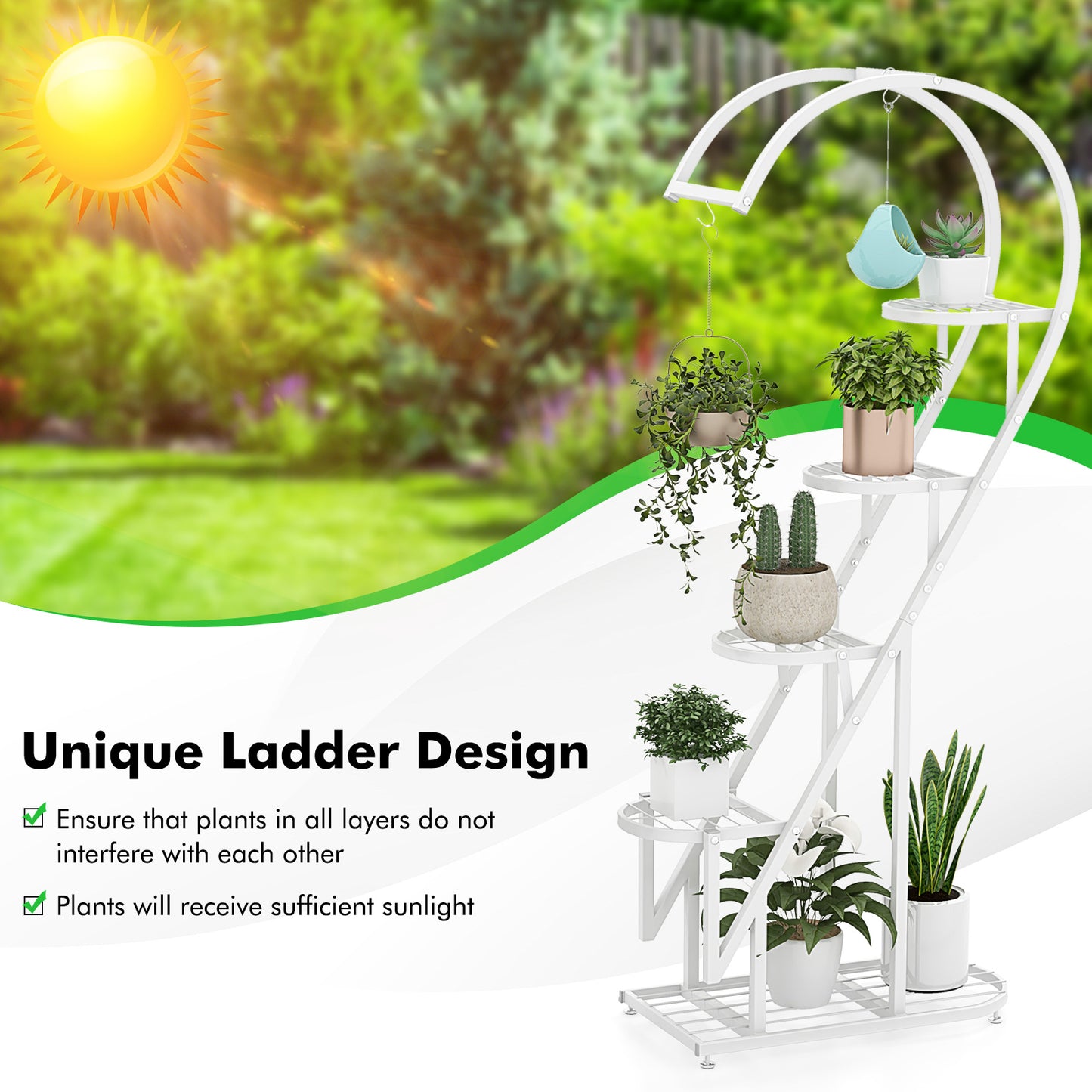 5-Tier Metal Heart-shaped Plant Stand with Hanging Hooks-White