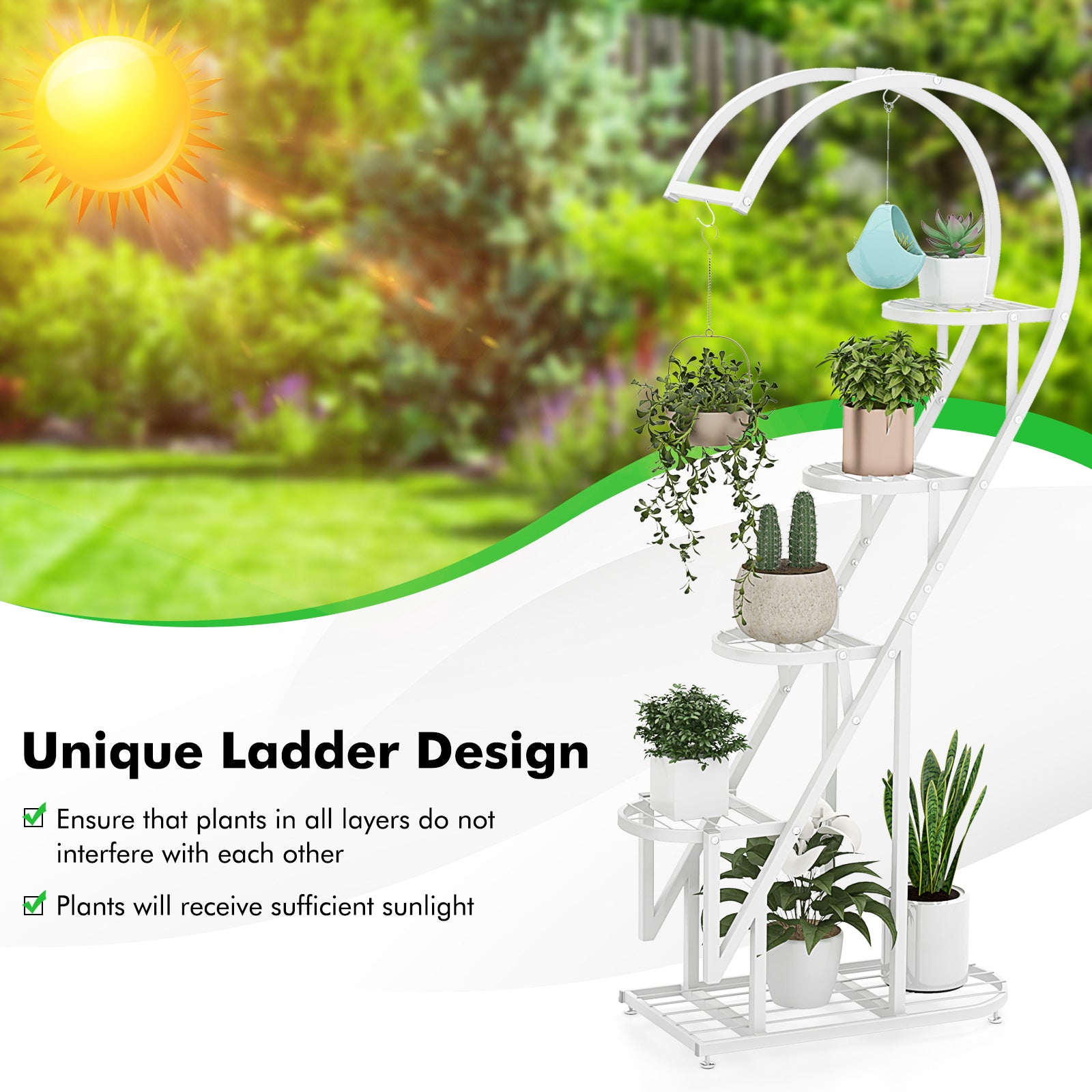 5-Tier Metal Heart-shaped Plant Stand with Hanging Hooks-White