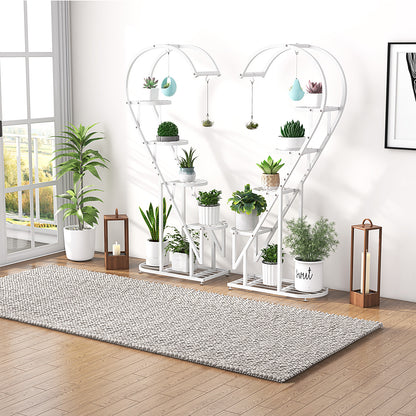 5-Tier Metal Heart-shaped Plant Stand with Hanging Hooks-White