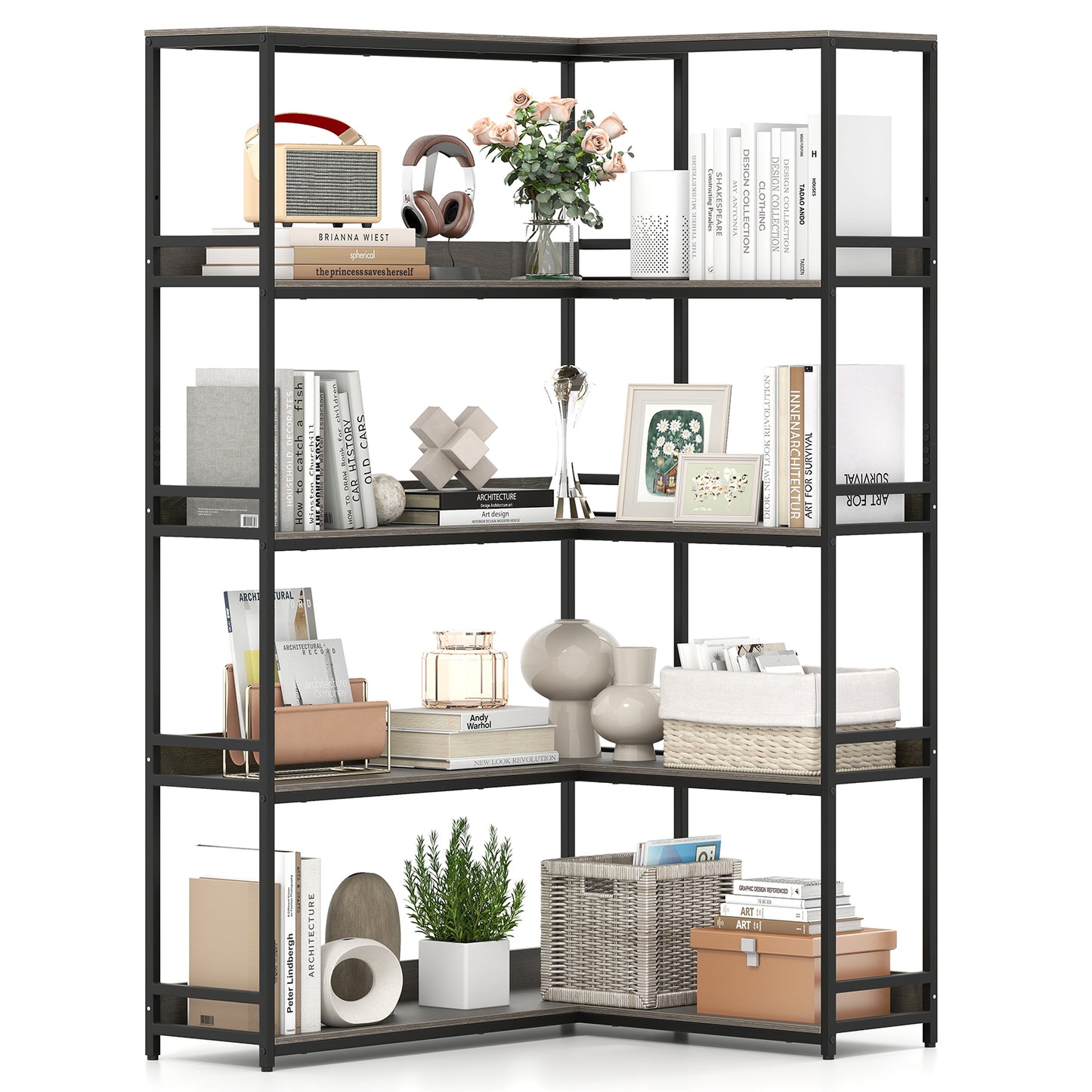 5-Tier Corner Bookshelf with Metal Frame for Living Room-Oak
